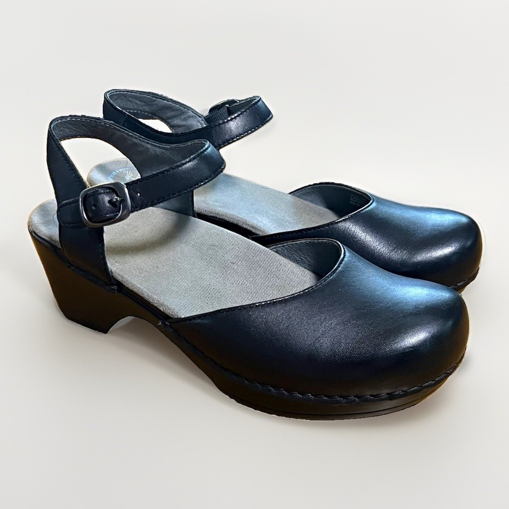 Dansko Sam Black Leather Mary Jane Wedge Ankle Strap Buckle Heels EU 39 Comfort